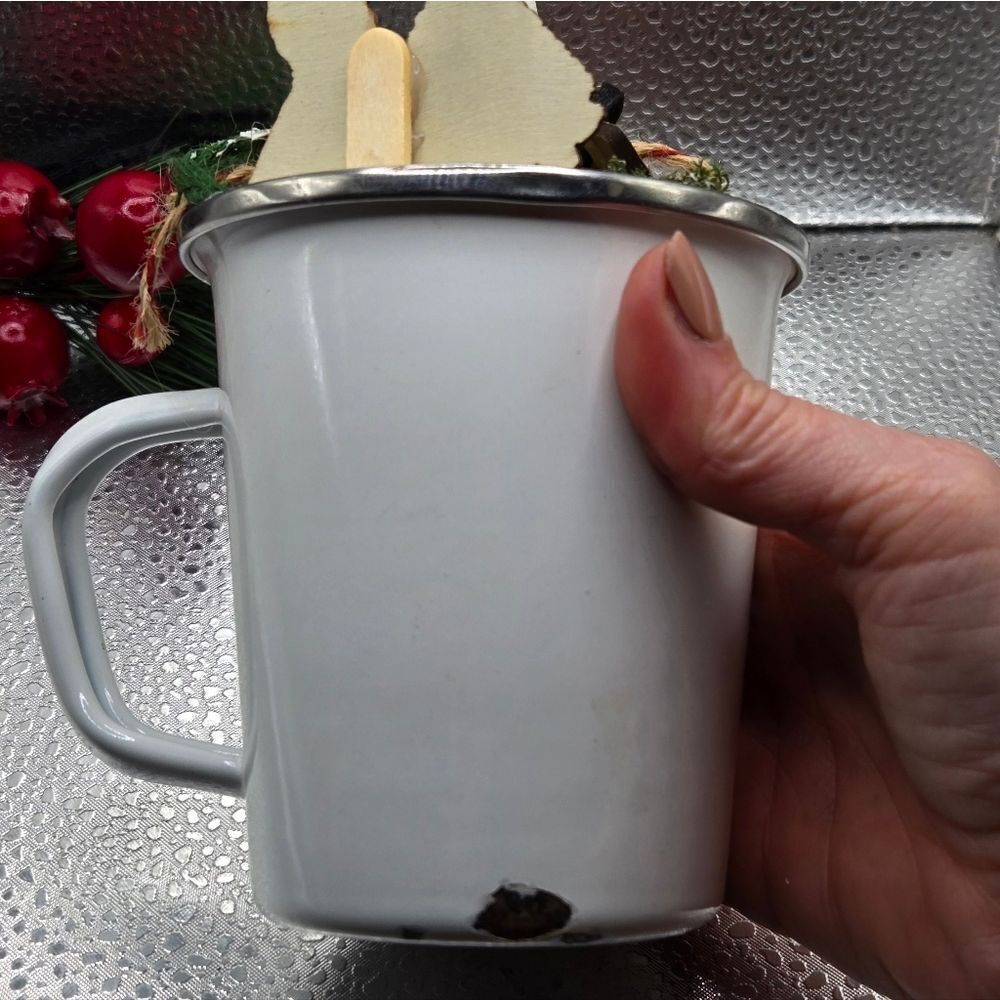 "5/$40" Vintage "HOLY-YAYS!" Enamelware White Mug Christmas Assemblage Mug Decor - Picture 5 of 7